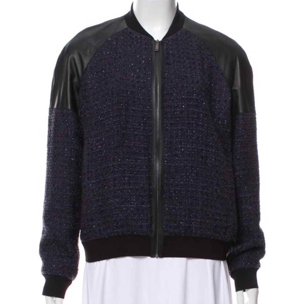Elie Tahari tweed and leather bomber jacket